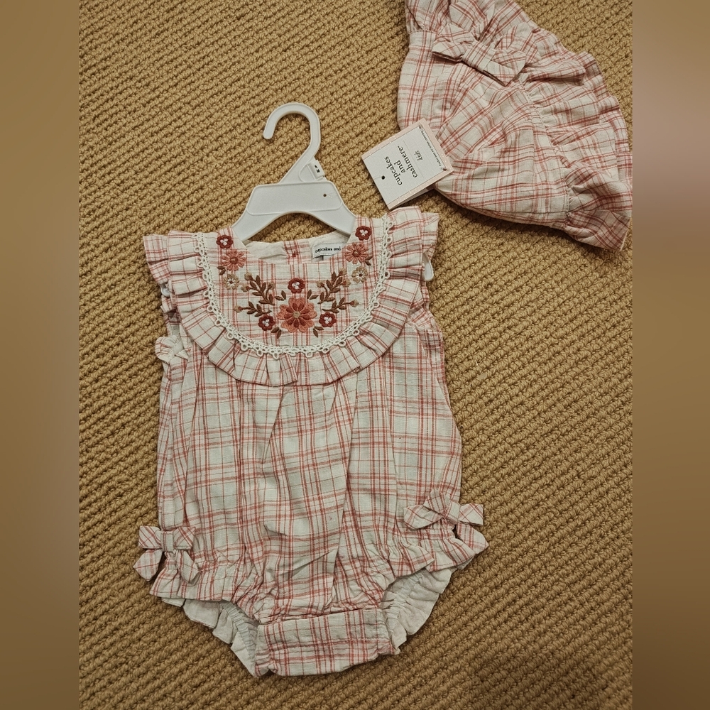 Cupcakes and Cashmere Pink Plaid Baby Romper & Hat Set 3-6mo